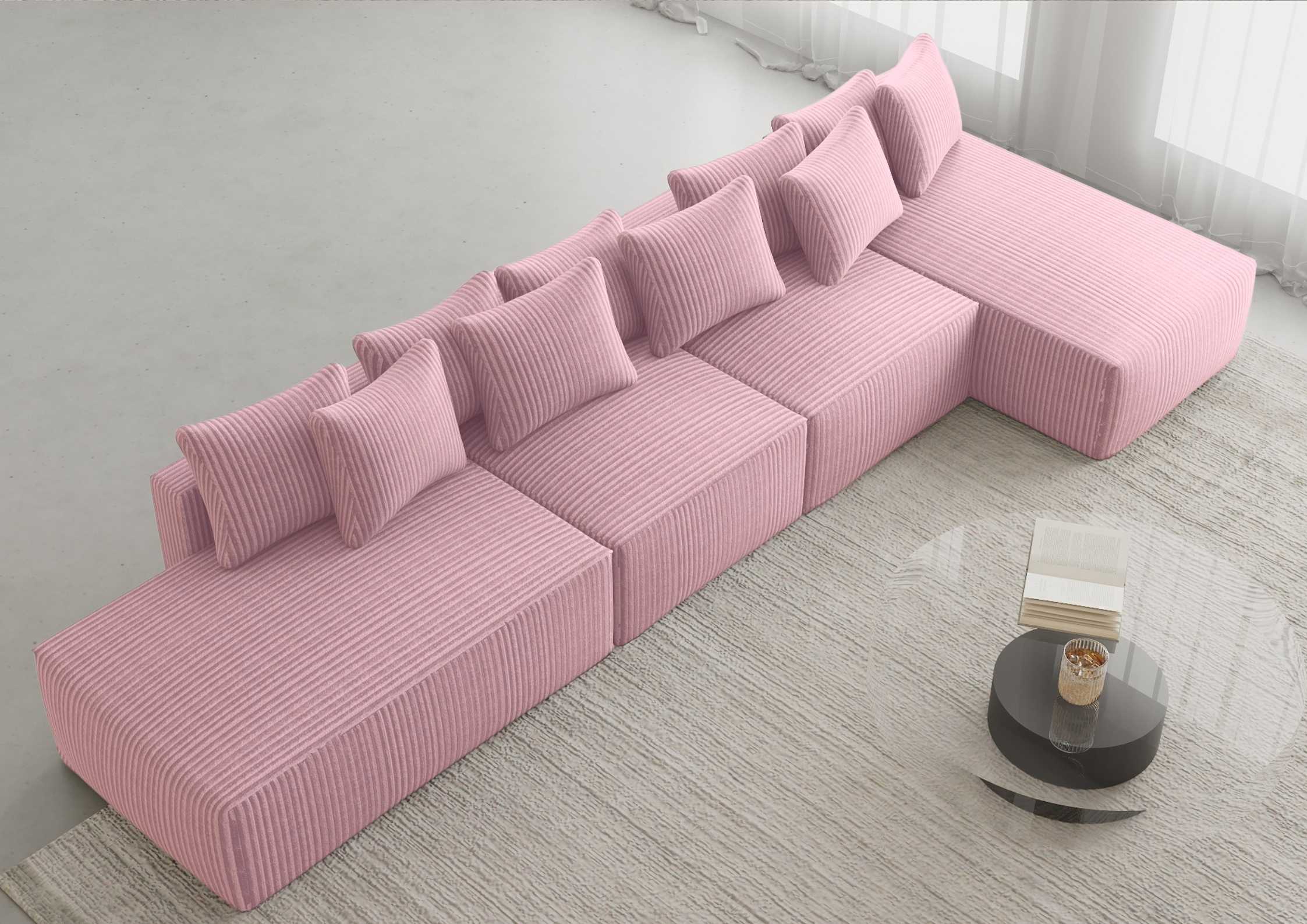 Duży różowy narożnik prawy sofa rozkładana w stylu industrialnym